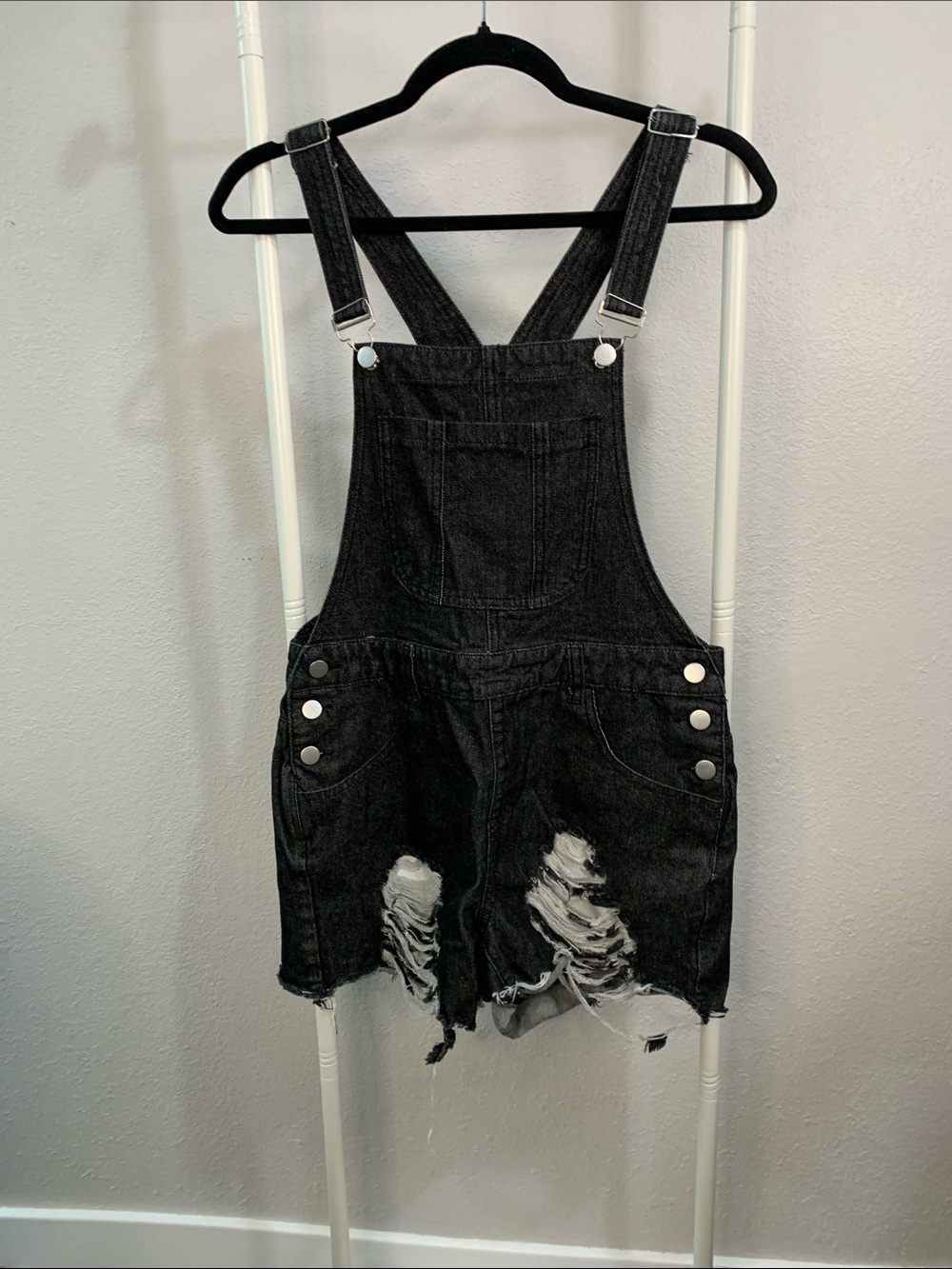 Black Distressed Denim Short Overalls